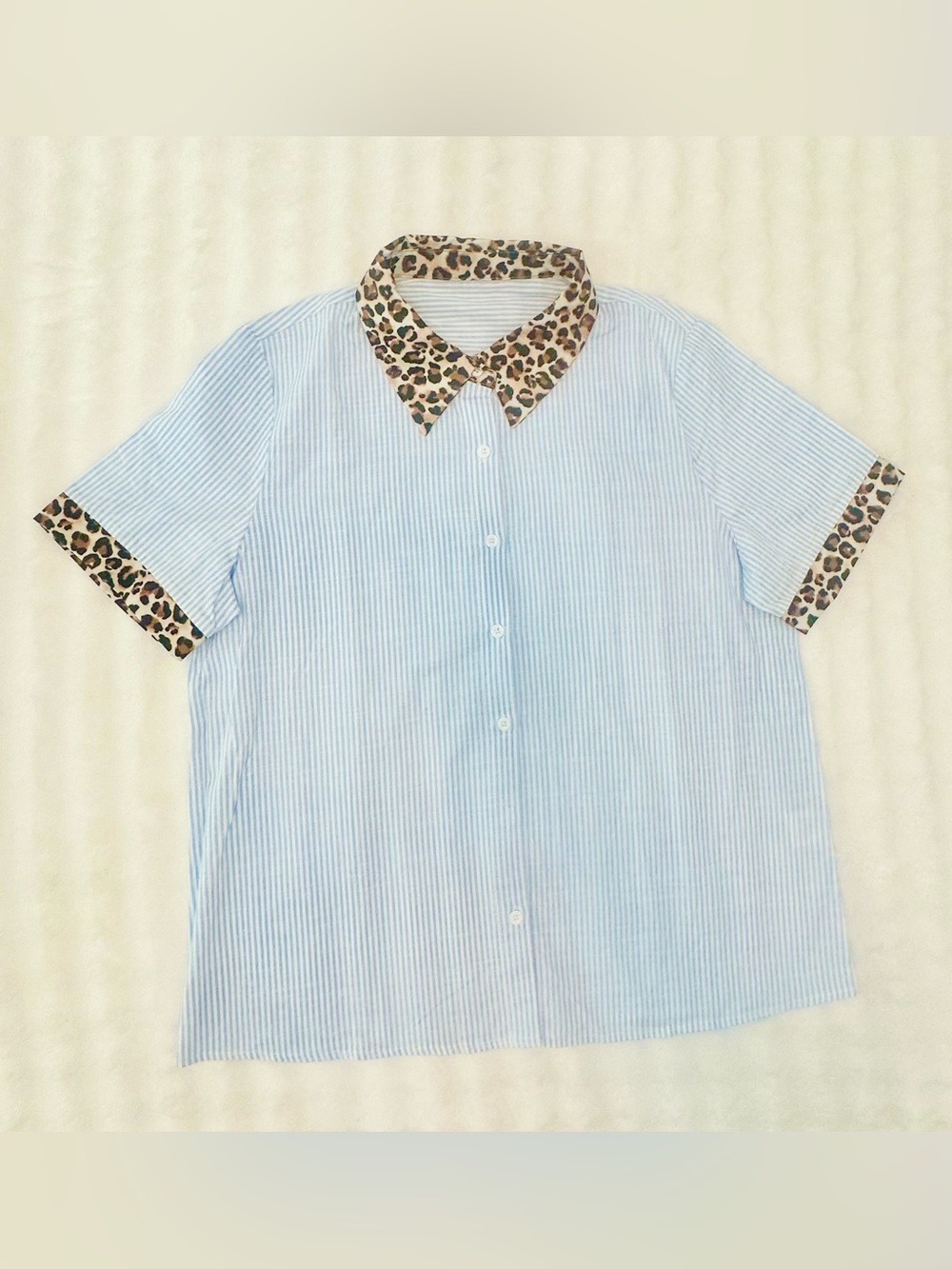 Light Blue Pinstripe Button-Up Shirt with Leopard Trim